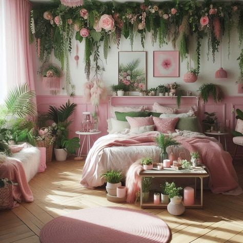 Pink and Green Bedroom Pink And Green Farmhouse Bedroom, Pink And Green Maximalist Bedroom, Pink And Green Bedding Aesthetic, Green Pink Room Aesthetic, Pink Nature Bedroom, Pink And Green Kids Room, Light Green And Pink Aesthetic, Barbiecore Bedroom, Green And Pink Room Aesthetic