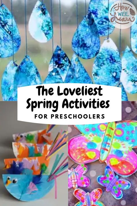 collage of three different colorful spring crafts for preschool. Text that reads the loveliest spring activities for preschoolers. Open Ended Spring Art For Preschool, Spring Steam Preschool, Welcome Spring Crafts For Toddlers, First Day Of Spring Art Preschool, Easy Spring Activities For Toddlers, Spring Time Art For Toddlers, Intro To Spring Preschool, Spring Time Activities For Toddlers, Spring Preschool Projects