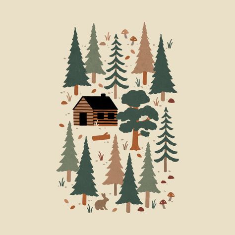 Cabincore Illustration, Forest House Illustration, Cozy Cabin Illustration, House In Woods Illustration, Log Cabin Illustration, Cabin In The Woods Illustration, Woods Illustration Forests, Winter Woods Illustration, Cabin Illustration