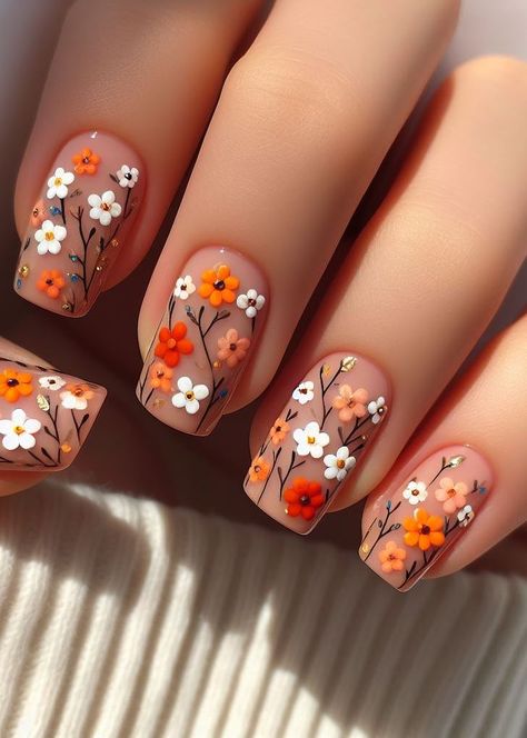 Retro Floral Nails, Wildflower Nail Art, Orange Floral Nails, Daisy Nail Designs, Green Vines, Floral Nail, Daisy Nails, Vibe Check, Floral Nail Art