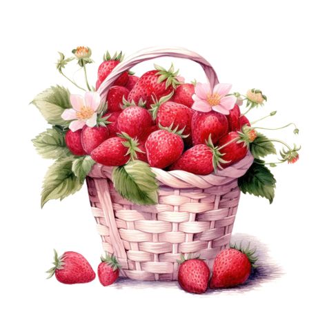 Strawberries In Basket, Fruits And Vegetables Names, Basket Illustration, Watercolor Strawberries, Strawberry Art, Glittery Wallpaper, Food Clipart, Victorian Scrap, Still Life Fruit