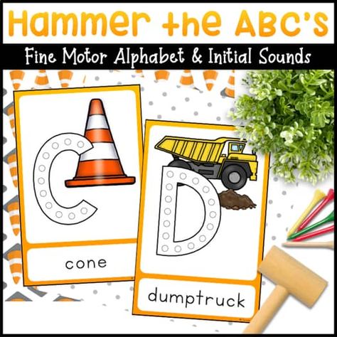 Hammer ABCs Literacy Activities - Construction Alphabet Center Beginning Sounds Building Activities For Preschoolers, Construction Dramatic Play, Construction Alphabet, Construction Preschool, Letter Centers, Alphabet Centers, Alphabet Activity, Initial Sounds, Construction Activities