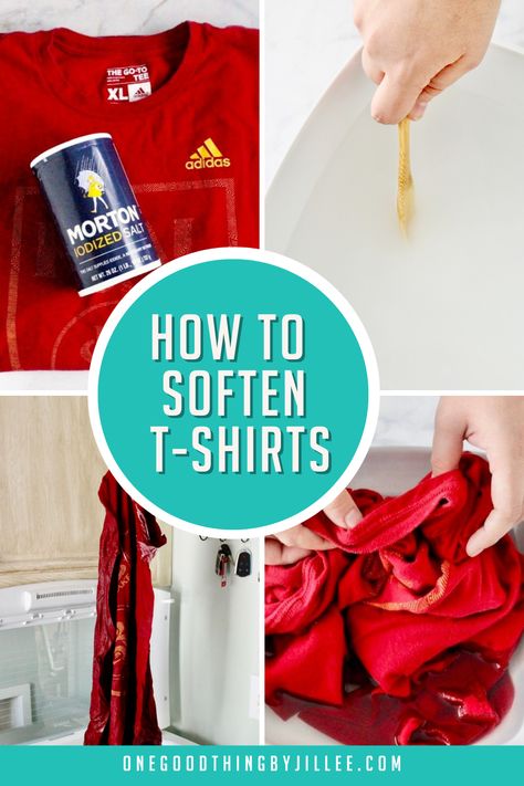 A bit of salt, homemade fabric softener, or vinegar and baking soda is all it takes to soften your t-shirts so they feel like vintage tees! How To Soften Stiff Cotton Fabric, How To Soften Stiff Fabric, How To Soften Fabric, Soften T Shirts, Homemade Dryer Sheets, Clothing Refashion, Homemade Fabric Softener, Shirt Transformation, Vinegar And Baking Soda