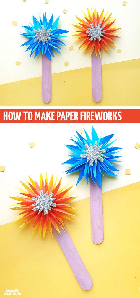 Click to make these fun paper fireworks - a fun New Year's craft for kids! Make a bunch to use as a countdown to the new year on New Year's Eve. Make a few to decorate for the 4th of July. The possibilities are endless! Paper Fireworks, Crafts 4th Of July, Fun Preschool Crafts, News Years Crafts For Kids, Fireworks Craft For Kids, New Year's Eve Crafts, Fireworks Craft, Fireworks Art, Artificial Christmas Garland