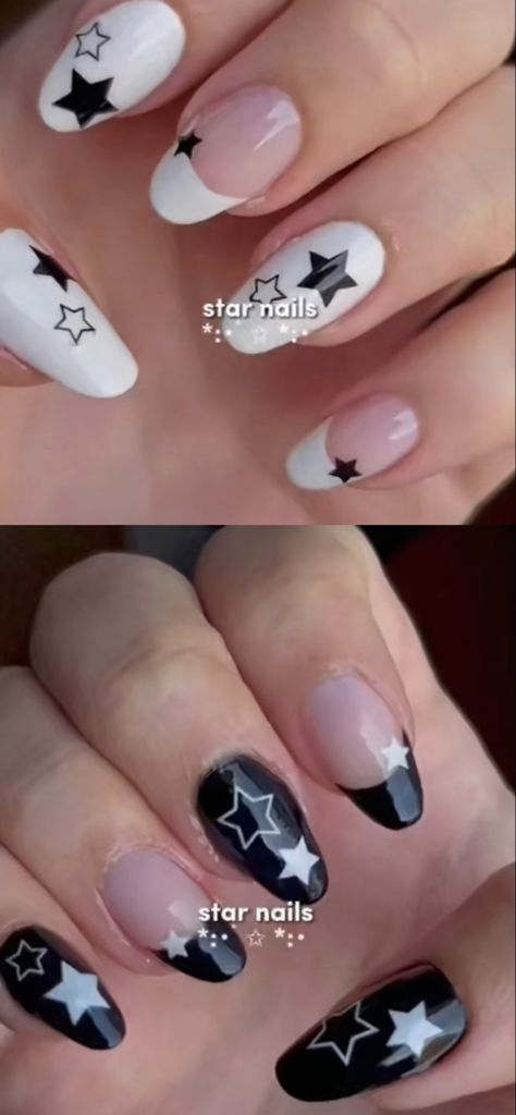 Black And White Star Nails Acrylic Y2k, Black Star Nail Designs, Rock Star Nails Designs, Arctic Monkeys Inspired Nails, Star Nails Y2k, Beginner Nail Designs, Stars Nails, Star Nail Designs, Band Nails