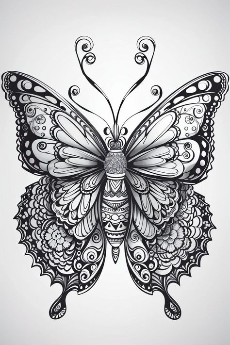 Butterfly Mandala Design, Zentangle Butterfly, Butterfly Mandala Tattoo, Zentangle Animals Art, Darkside Tattoo, Mandala Butterfly, Super Mario Coloring Pages, Easy Mandala Drawing, Butterfly Mandala