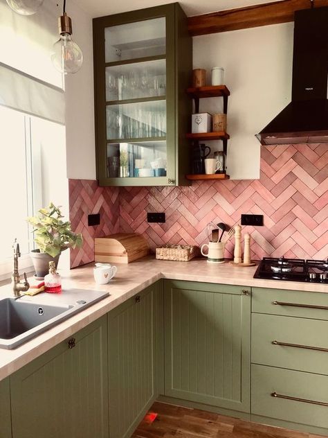 Green Kitchen Cabinets Pink Tiles, Modern Mushroom Kitchen, Green Kitchen With Pink Accents, Green Kitchen With Pink Tiles, Green Pink Wood Kitchen, Pink Backsplash Kitchen Green Cabinets, Pink Green And Black Kitchen, Blush And Sage Kitchen, Pink And Sage Green Kitchen