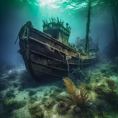 Shipwreck underwater close-up. Generative AI royalty free stock photos Ship Wreck Drawings, Shipwreck Drawing, Shipwreck Underwater, Shipwreck Art, Ship Underwater, Shipwreck Tattoo, Boat Underwater, Underwater Shipwreck, Ship Wrecks