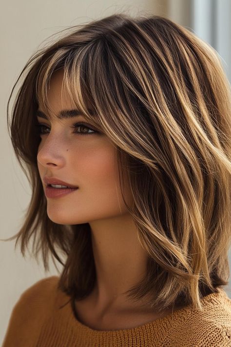 Gentle Shag Haircut, Shag Layered Hairstyles Medium, Shoulder Length Hair With Waves, Shoulder Length With Layers And Bangs, Butterfly Cut Shoulder Length, Shoulder Shag Haircut, Shoulder Length Layered Bob With Bangs, Shoulder Length Choppy Bob, Trendy Shoulder Length Haircuts Medium Layered