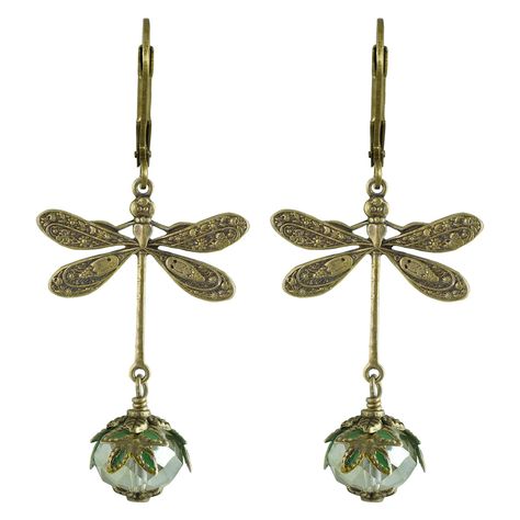 PRICES MAY VARY. Vintage filigree dragonfly charms "fly" above colorful crystals adorned with painted brass leaves in these "Dragonfly Daze" earrings by Steph King, founder of NoMonet. These earrings hang approximately two and a half inches long off of lever-back closures. The gold-colored finish is antiqued brass while the silver finish is silver-plated brass. These earrings are hand crafted right in California! Step into a world of timeless elegance with our enchanting Vintage Style "Dragonfly Gold Fantasy Earrings, Edwardian Earrings, Whimsical Earrings, Fantasy Earrings, Colorful Crystals, Leaves Vintage, Victorian Earrings, Junior Prom, Dragonfly Jewelry