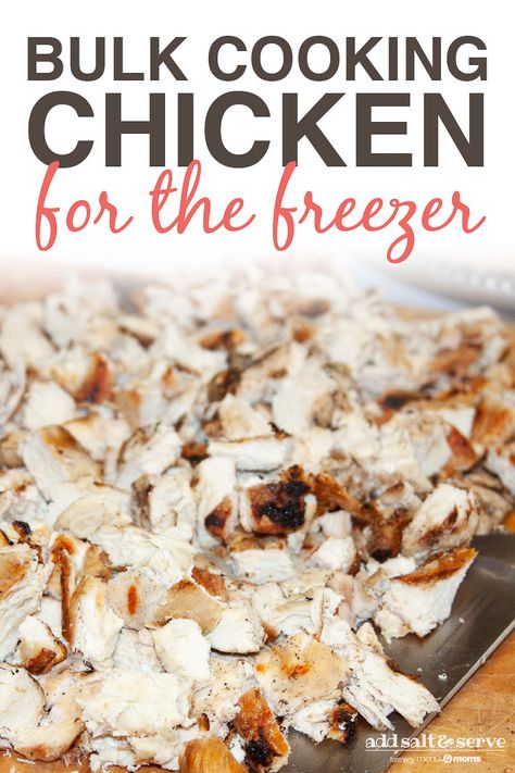 One of the basics of Add Salt & Serve menus is having food prep already done before dinner time. One way we accomplish this is by bulk cooking meat and freezing it in meal-sized portions. Here is a wonderful recipe for cooking chicken in bulk. Have grilled chicken for dinner the night you cook it, then chop and freeze the leftovers in dated freezer bags. #bulkcooking #addsaltandserve #chicken #freezercooking Freeze Cooked Chicken, Chicken Marinates, Cooking In Bulk, Freezing Cooked Chicken, Freezing Chicken, Chicken Entree, Frozen Chicken Recipes, Chicken For Dinner, Bulk Cooking