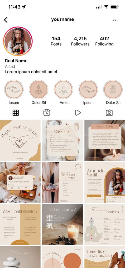 Instagram Feed Grid with beautiful modern design for Reiki masters, spiritual workers, magicians or astrology specialist workers in beige, orange and pink colors. Social Media Stories, Posts, Story Highlight Covers Spiritual Digital Products, Reiki Post Ideas, Energy Healing Branding, Reiki Social Media Content, Reiki Instagram Feed, Reiki Branding Photoshoot, Spiritual Highlight Covers, Reiki Branding, Spiritual Templates