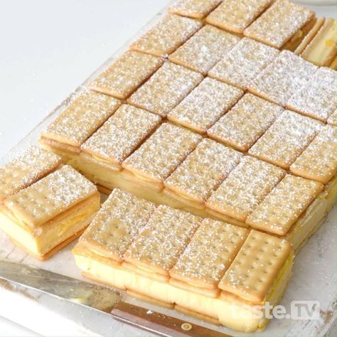 Lemon Crisp custard slice | Introducing your new favourite slice. Full recipe: http://bit.ly/38V1IKo | By Taste.com.au Lemon Crisp, Holey Moley, Custard Slice, Cake Recipes At Home, Lemon Pound Cake Recipe, Sweet Cooking, Lemon Dessert Recipes, Custard Recipes, Slices Recipes