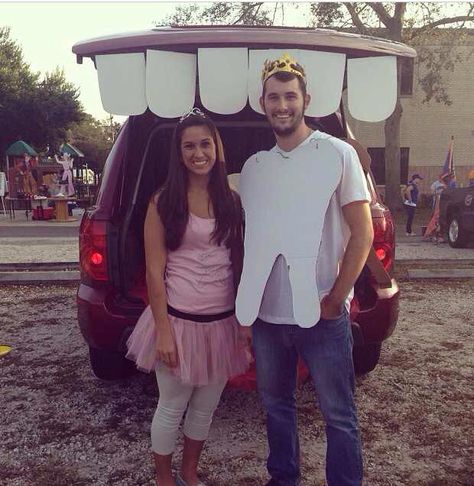 Tooth fairy and tooth at trunk or treat. Halloween DIY costume! Tooth Fairy Trunk Or Treat Ideas, Toothfairy Dentist Costume, Trunk Or Treat Mouth Car, Tooth Fairy And Dentist Costume, Monster Car Trunk Or Treat, Tooth Fairy Halloween, 4th Of July Parade, Trunk Or Treat, Diy Halloween Costumes