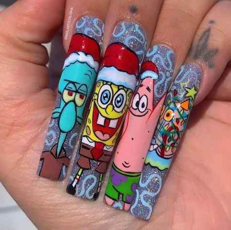 Christmas Character Nail Designs, Christmas Xl Nails, Spongebob Christmas Nails, Christmas Character Nail Art, Winnie The Pooh Christmas Nails, Christmas Nails Characters, Christmas Cartoon Nails, Character Christmas Nails, Christmas Movie Nails