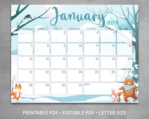 January 2024 Calendar, January Calendar, Editable Calendar, Kids Animals, Cute Calendar, Kids Schedule, 2024 Calendar, Kids Calendar, January 2024