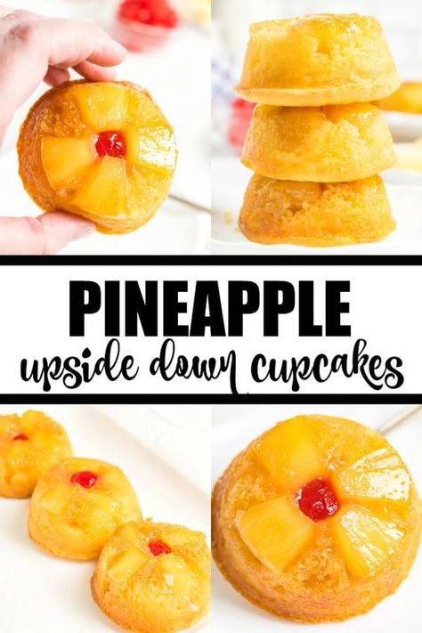 Pineapple Upside Down Cupcakes - These retro inspired cupcakes make things in the kitchen a little more convenient by using a yellow cake mix. They are moist, full of pineapple and caramel flavour and are so eye catching with the pineapple and cherry design! Pineapple Upside Down Cupcakes Homemade, Orange Juice Cake Recipe, Upside Down Cupcakes, Orange Juice Cake, Caramelized Pineapple, Pineapple Upside Down Cupcakes, Pineapple Cupcakes, Cake Portions, Pineapple Pie