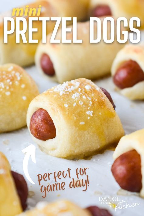 These Mini Pretzel Dogs are the perfect for game day appetizers, after school snacks and quick ‘n easy lunches! #LittleSmokies #SuperBowlFood #Appetizers #AfterSchoolSnacks Pretzel Dogs Easy Pizza Dough, Easy Pretzel Dogs, Small Hot Dog Appetizers, Easy Kid Friendly Appetizers, Mini Weiner Appetizers, Game Day Appetizers Easy Finger Foods, Pretzel Dogs Easy, Mini Pretzel Dogs, Pretzel Dogs Recipe