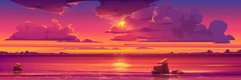 Sunset in ocean, pink clouds in sky with... | Free Vector #Freepik #freevector #water Pink Clouds Sky, Sunset Tropical, Sun Vector, Cartoon Summer, Night Illustration, Tropical Landscape, Beach Illustration, Evening Sun, Colorful Clouds