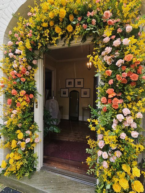 bright yellow and orange flower archway, wedding decor, party decor, baby shower decor Yellow Orange Pink Wedding, Haldi Entrance, Archway Wedding, Yellow Party Decorations, Flower Archway, Spanish Flowers, Orange Wedding Decorations, Orange And Pink Wedding, Entrance Arch