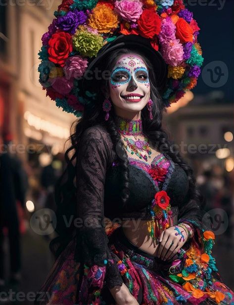 beautiful woman with painted skull on her face for Mexico's Day of the Dead, AI Generative Day Of The Dead Mexico, Day Of The Dead Woman, Mexico Day Of The Dead, Painted Skull, Women Day, Red Day, Aztec Art, Day Of The Dead, Austin Texas