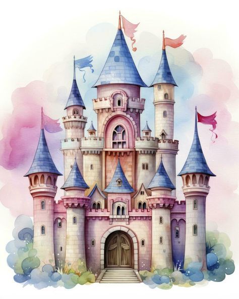 Princess Castle Cartoon, Disney Castle Art, Disney Castle Drawing, Castillo Disney, Walt Disney Castle, Rapunzel Castle, Watercolor Kawaii, Unicorn Castle, Castle Cartoon