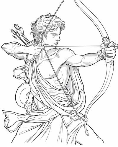 coloring page of Apollo as an archer Greek Roman Mythology, World On Shoulders Drawing, Greek Drawings Mythology Art, Greek Mythology Outline, Ancient Greek Gods Art, Prometheus Illustration, Greek Gods Art Drawing, Hermes Greek God Art, Apollo Art Greek Mythology