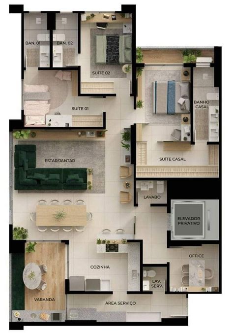 Interior Architecture Sketch, Small Modern House Plans, Interior Design Renderings, Apartment Floor Plan, House Floor Design, Home Design Floor Plans, Sims House Plans, House Construction Plan, Model House Plan