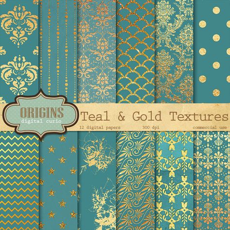 Teal and Gold Digital Paper by Origins Digital Curio on Creative Market Glitter Backgrounds, Gold Foil Texture, Gold Digital Paper, Paper Fashion, Small Toilet, Trendy Wallpaper, Teal And Gold, Scrapbooking Paper, Damask Pattern