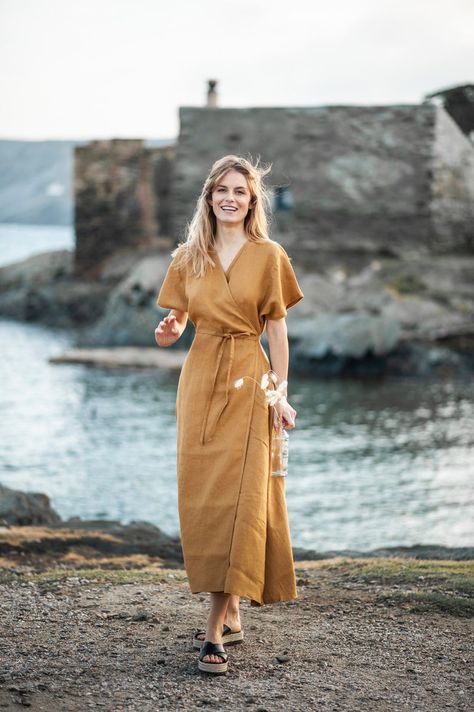 Linen Dress DELILAH Wrap Dress Mustard Linen Dress Linen | Etsy Kimono Linen Dress, Wrap Linen Dress, Wrap Dress Linen, Linen Dress With Sleeves, Wrap Up Dress, Linnen Dress, Womens Robes Long, Linen Dress Outfit, Simple Linen Dress