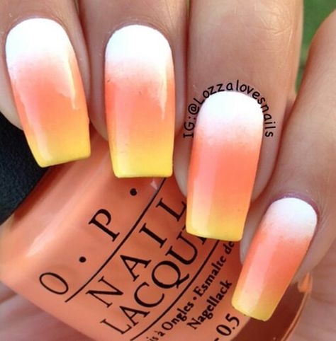 Candy corn orange yellow nails Spooky Nail Art, Corn Nails, Candy Corn Nails, Spooky Nail, Cotton Candy Nails, Holloween Nails, Cute And Spooky, Gothic Nails, October Nails