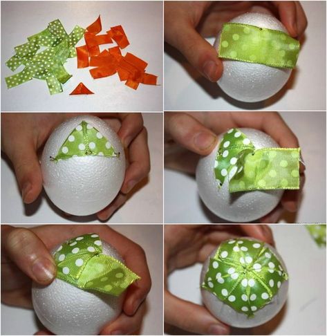 attach the ribbon pieces on the styropor eggs using pins Styrofoam Egg Crafts, Fabric Covered Styrofoam Ornaments, Styfoam Ornaments With Fabric, Polystyrene Eggs Craft, Styrofoam Ball Crafts Christmas Fabric Ornaments, Styrofoam Eggs, Eggs Craft, Sequin Styrofoam Ornament, Quilted Egg