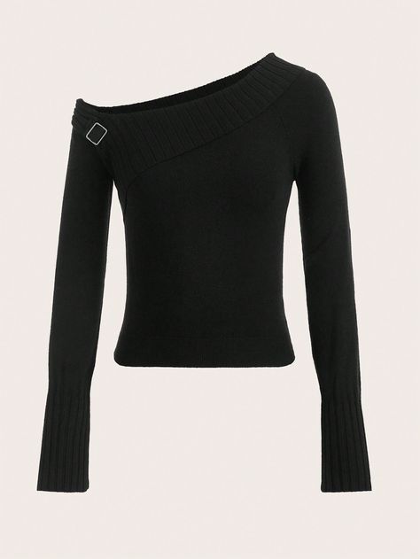 Asymmetrical Neck Buckle Detail Sweater Black Casual  Extra-Long Sleeve Knitwear Plain Pullovers Slight Stretch  Women Clothing, size features are:Bust: ,Length: ,Sleeve Length: London Outfits, Marvel Dr, Asymmetrical Sweater, London Outfit, Extra Long Sleeves, Women Sweaters, Fame Dr, Detailed Sweater, Knitwear Women