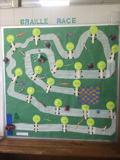 Braille Race: tactile foam race track with a moveable monster truck. There are stops along the way for the student to mark "words per minute" instead of miles per hour! The student can collect the treats as they pass them on the track. The board has print and Braille. Tactile Bulletin Board Ideas, Braille Bulletin Board Ideas, Preschool Braille Activities, Braille Activities For Kids, Braille Signage, Reading Braille, Mark Word, Visual Impairment, Monster Truck