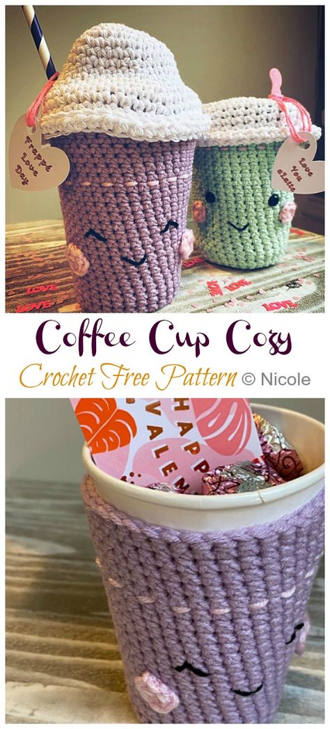 Sweet Coffee Cup Cozy Crochet Free Patterns - Crochet & Knitting Cup Cozy Crochet, Coffee Cozy Pattern, Cup Cozy Crochet Pattern, Cup Cozy Pattern, Crochet Coffee Cozy, Wire Jewelry Patterns, Crochet Cup Cozy, Coffee Cup Cozy, Cozy Crochet Patterns