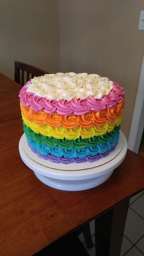 Rainbow Rosette Cake, Rainbow Cake Designs, Rainbow Theme Cake, Rainbow Icing, Nature Cake, Minnie Mouse Cake Topper, Encanto Birthday, Rainbow Unicorn Cake, Rainbow Fairy