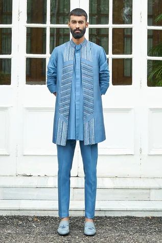 Blue Shrug, Kurta And Pants, Add Sleeves, Nehru Jackets, Blue Hand, Embroidered Jacket, Kurta Designs, Kurta Set, Embroidered Silk