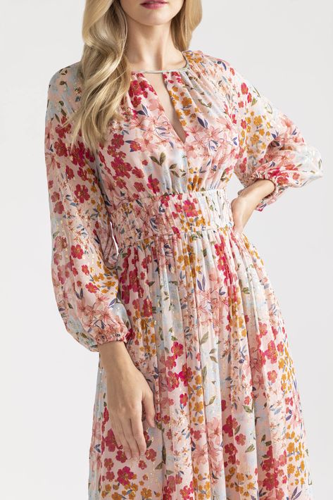 Flolar Design Dress, Western Floral Dress, Sifon Dress Chiffon, Floral Dress Designs Patterns, Western Midi Dresses, Shifon Dresses, Sifon Dress, Fashion Outfits Aesthetic, Floral Print Chiffon Dress