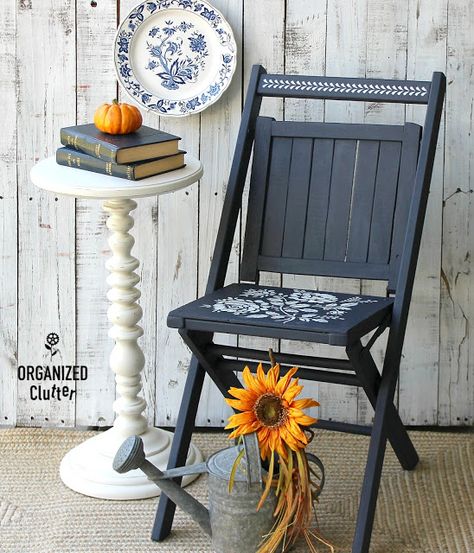 Folding Chair Makeover, Vintage Chairs Makeover, Antique High Chairs, Upcycle Chair, Navy Blue Paint, Wooden Folding Chairs, Wood Folding Chair, Stencil Decor, Paint Stencils