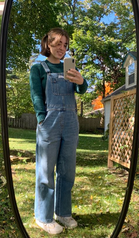 women’s bob haircut, sweater, overalls Overalls Big Bust, Long Dungarees Outfit, Fall Outfits Women Overalls, Blue Jean Overalls Outfits Winter, Unique Overall Outfits, Sweatshirt With Overalls, Blue Overalls Aesthetic, Overalls With Sweatshirt, Overalls Outfit Sweater