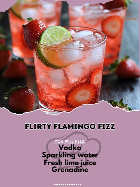 🌸💋 Flirt with flavor in every sip of Flirty Flamingo Fizz—light, bubbly, and utterly delightful! 🍓🌺 #FlirtyFlamingoFizz #BubblyDelight Flirty Flamingo Fizz Ingredients: Vodka (1 1/2 oz) Sparkling water (3 oz) Fresh lime juice (1/2 oz) Grenadine (1/2 oz) Strawberries (sliced, for garnish) Ice cubes (as needed) Instructions: Fill a glass with ice and pour vodka, lime juice, and grenadine. Top with sparkling water. Garnish with strawberry slices. 💋🌸 Sip into something sweet and refreshing wi... Vodka Lime, Yummy Alcoholic Drinks, Strawberry Slice, Sparkling Water, Fresh Lime, Ice Cubes, Fresh Lime Juice, Something Sweet, Lime Juice