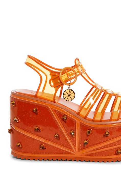 Shoes Boutique: Shop Trendy & Sexy Shoes – Dolls Kill Orange Shoes Women, Orange Fruit Outfit, Orange Fashion Outfits, Coconut Girl Fashion, Orange And Black Outfit, Fruit Shoes, Jelly Heels, Orange Clothes, Cool Sandals