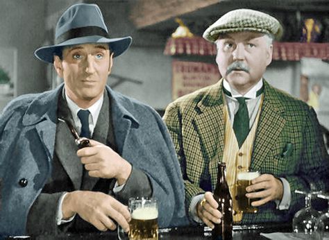 Sherlock Holmes (Basil Rathbone) and Watson (Nigel Bruce) have themselves a Beer to help them think through a case! Basil Rathbone And Nigel Bruce, Basil Rathbone Sherlock Holmes, Sherlock Holmes Basil Rathbone, Basil Rathbone Sherlock, Sherlock Gnomes, Basil Rathbone, Sherlock Holmes Stories, Holmes Movie, Male Reference