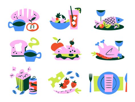 Asana Culinary green cheese plates carrots popcorn snacks bread turkey icons food illustration Food Icon Illustration, Food Flat Illustration, Snacks Illustration, Transport Illustrations, Bread Turkey, Plate Illustration, Small Illustrations, Cheese Plates, Popcorn Snacks