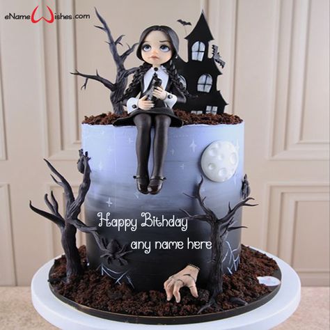 Wednesday Birthday Cake Idea with Name Edit Wednesday Adams Cake Design, Wensday Cakes, Wensday Adams Birthday Cake, Addams Family Cake Ideas, Wednesday Adams Cakes, Wensday Birthday Cake, Wednesday Addams Cakes, Wednesday Adams Cake Ideas, Wensday Cake Ideas