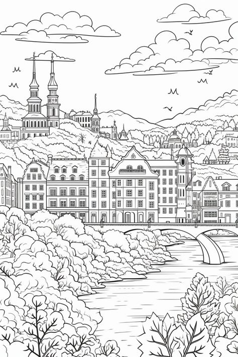 This city theme coloring pages come in a set of 5 printable pages. Print on 8x11, shrink to fit will not fill the page fully on the top and bottom.  Coloring pages are to be downloaded and printed. Tuscany Italy Countryside, City Coloring Pages, Italy Countryside, Pocket Printer, City Theme, Manga Coloring Book, Abstract Coloring Pages, City Drawing, Drawing Exercises