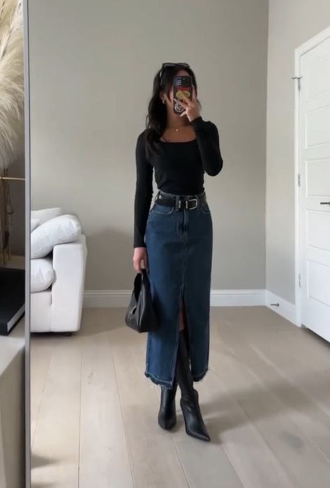 Skirt Outfit Fall, Skirt Outfits Fall, Looks Country, Denim Skirt Outfits, Work Fits, Fall Fits, Autumn Outfits, Modest Fashion Outfits, Outfit Inspo Fall