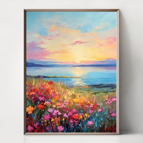 Nature art, landscape art, Wildflower field, meadow, flowers, sunrise, seaside, sunset, mountains art, Farmhouse art, countryside art. When payment is complete you will receive you will receive 5 HIGH-RESOLUTION FILES: 7808x9856 pixels JPG file, square ratio, can be printed in sizes up to 11x14, 22x28 inches without any loss in quality. ✨Watermark/logo will not appear on the files you receive✨. If you have any questions or need a particular size please don't hesitate to contact me. Field Flowers Painting, Meadow Flowers Painting, Art Countryside, Bright Abstract Art, Seaside Sunset, Countryside Art, Sunrise Mountain, Wildflower Paintings, Sunrise Painting