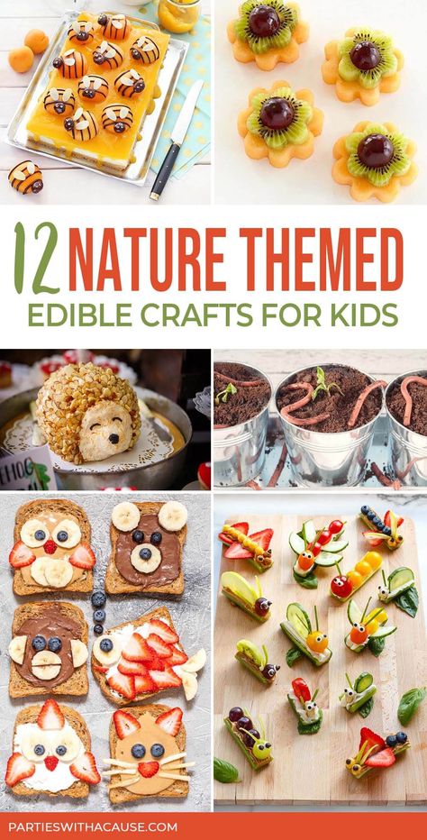 If you're looking to explore nature a little closer to home these nature themed snacks are the perfect way to get your kids excited about healthier food! {With a couple treats thrown in!} Get more healthy food ideas for kids at Parties With A Cause. #woodlandfood #ediblecrafts #kidfood Preschool Food Crafts To Eat, Cute Healthy Snacks For Kids, Nature Theme Food Ideas, Snacks That Look Like Animals, Healthy Farm Themed Snacks, Plant Themed Snacks For Kids, Snack Themes Ideas, Nature Theme Snacks For Kids, Nature Themed Treats