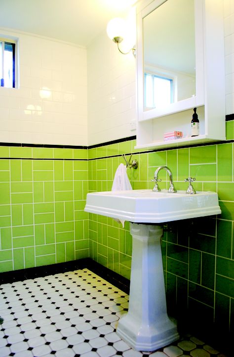 Our gorgeous art deco bathroom!    Tiling by Mountain Top Tiling Colorful Bathroom Tile, Green Tile Bathroom, Tile Backsplash Bathroom, Renovation Inspiration, Art Deco Bathroom, Bathroom Organization Diy, Deco Bathroom, Bathroom Tile Designs, Vintage Bathrooms